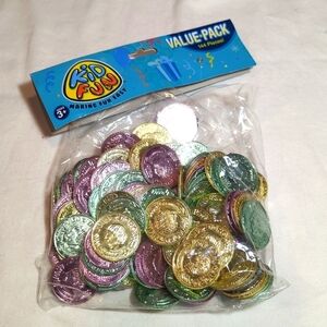 Plastic Coins, Gold Green Pink Party Decorations Favors Qty 127 coins